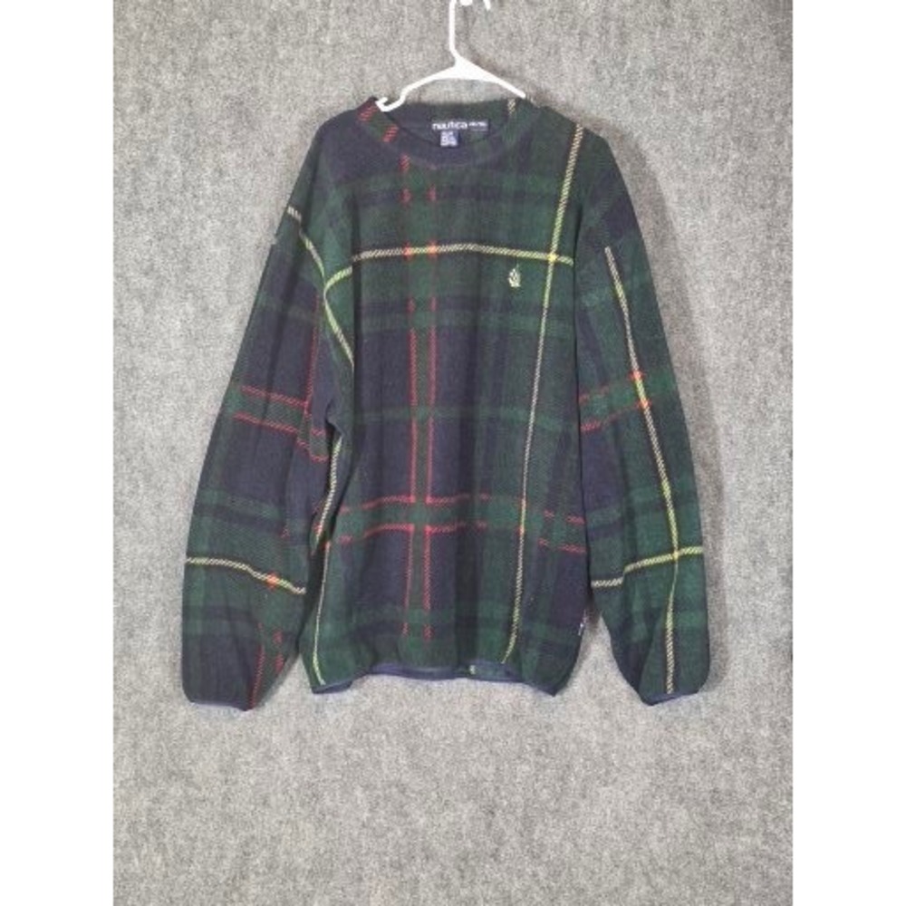 VTG Nautica Plaid Fleece Pullover Sweatshirt XXL Mens Green Navy Red Yellow Logo